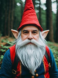 Whimsical Photorealistic Portrait of Man in Gnome Costume with Red Hat