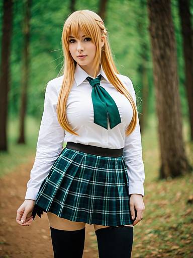 Anne Shingeki no Bahamut Cosplay in Forest with Plaid Skirt and Green Necktie