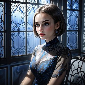 Portrait of Woman in Lace Dress by Stained Glass