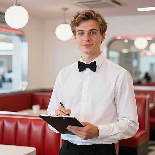 Young Male Waiter in Classic Diner Outfit Taking Orders