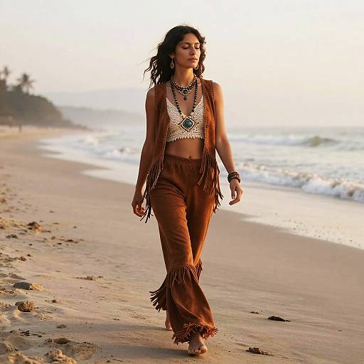 Bohemian Woman Walking on Beach at Sunset in Fringe Outfit