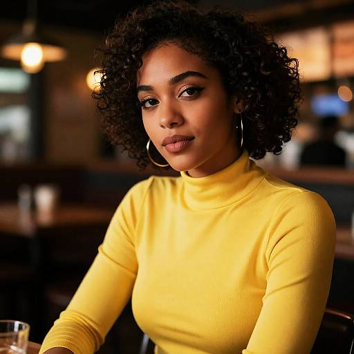 Confident Young Woman in Yellow Turtleneck Sitting in Cozy Cafe