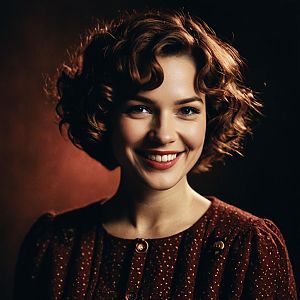 Portrait of Smiling Woman with Vintage Curly Hair and Brown Dress