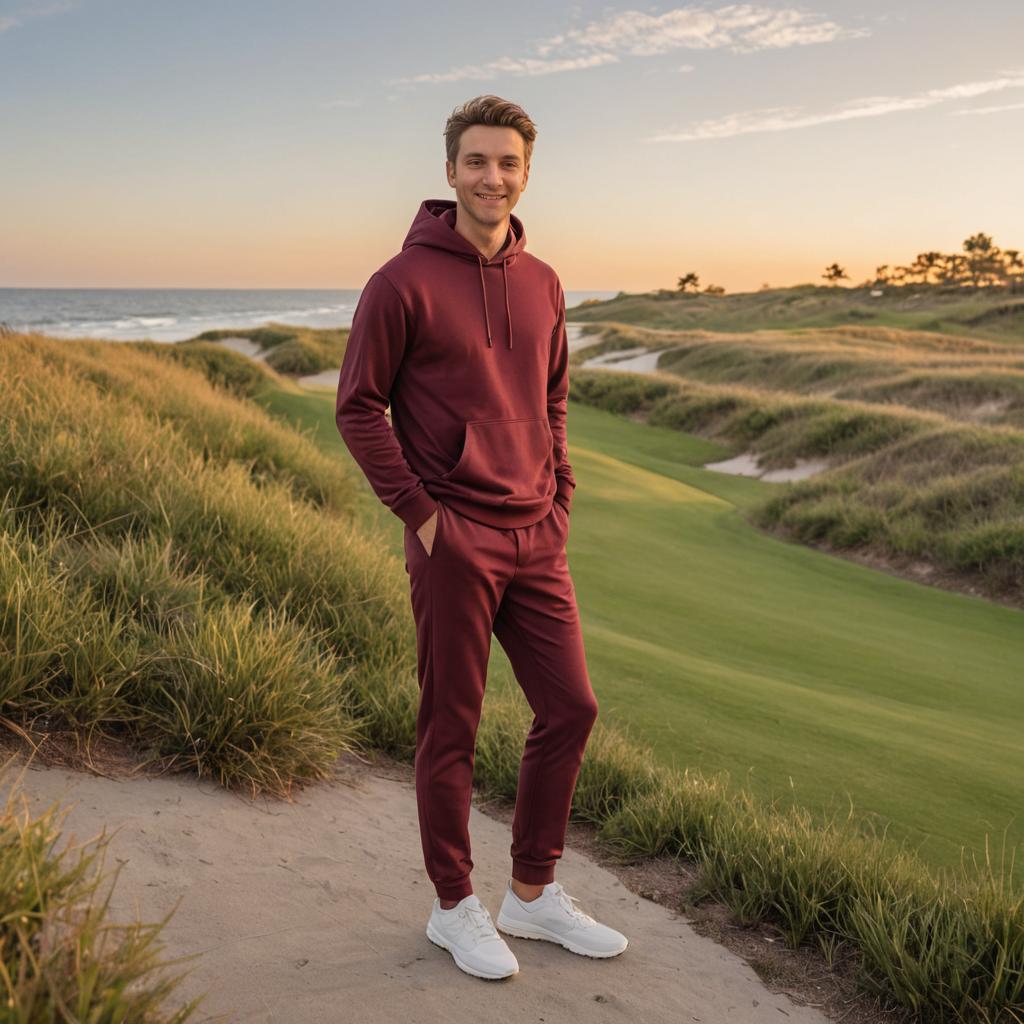 Man in Red Tracksuit on Grassy Coastline at Golden Hour