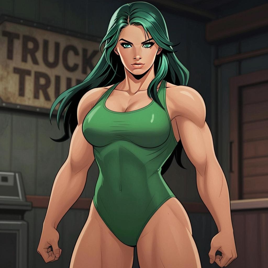 Strong Muscular Woman in Green Leotard Comic Style Illustration