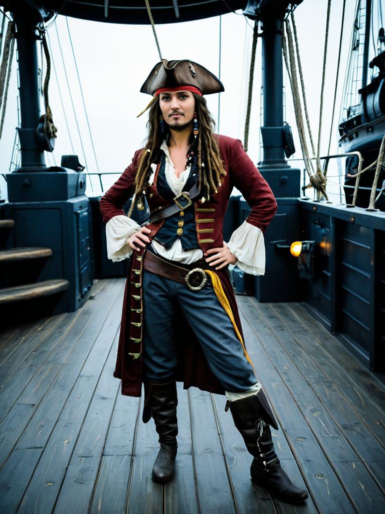 Woman in Jack Sparrow Pirate Costume Full Body Cosplay on Ship Deck