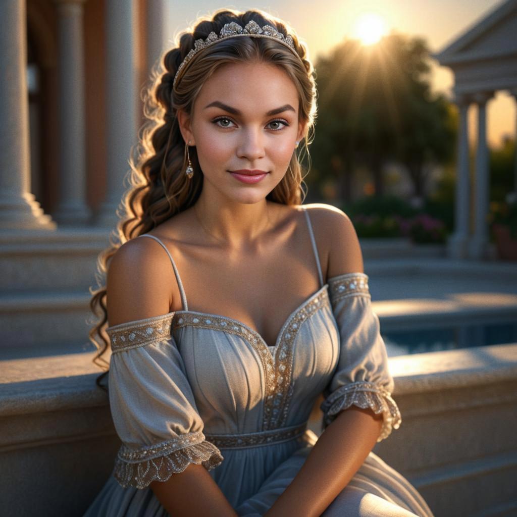 Young Woman in Elegant Gown with Sunset