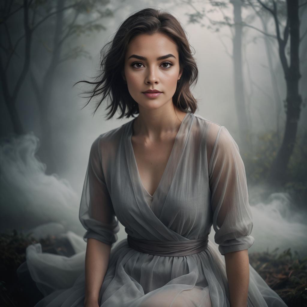 Woman in Grey Dress in Mystical Forest