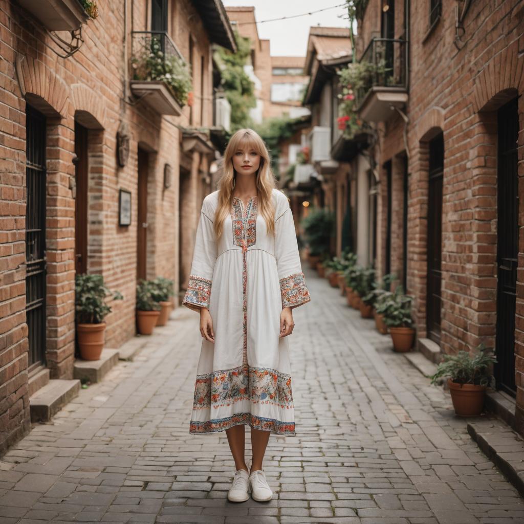 Young Woman in Bohemian Dress Standing in Charming Brick Alley