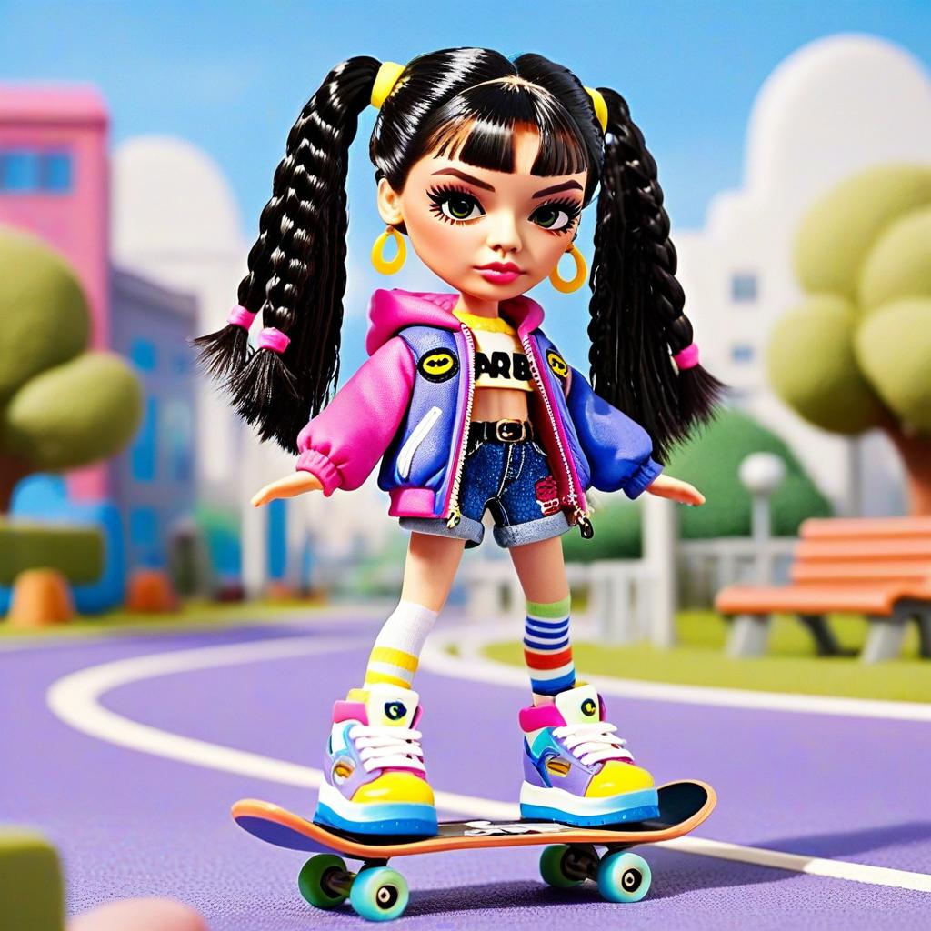 Stylish Girl Doll on Skateboard in Colorful Urban Park