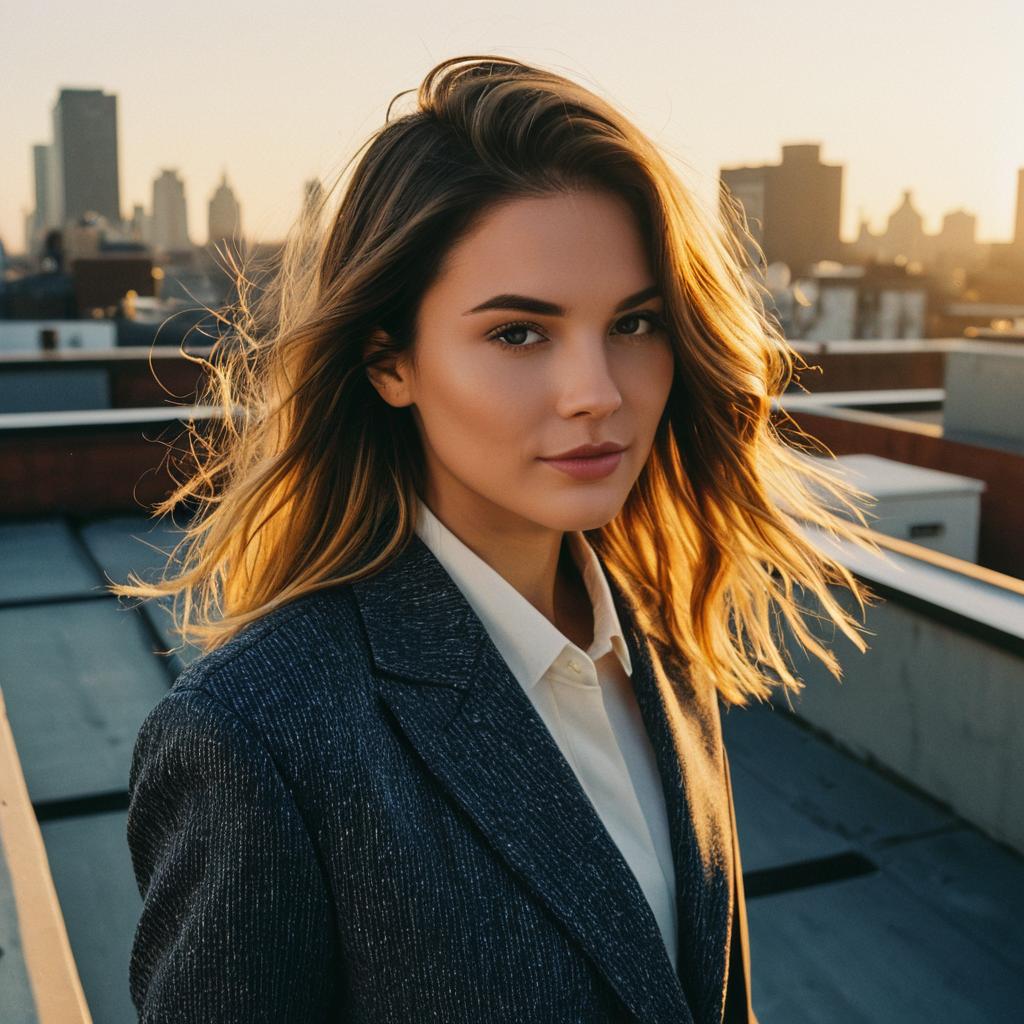 Confident Young Woman on Urban Rooftop at Sunset