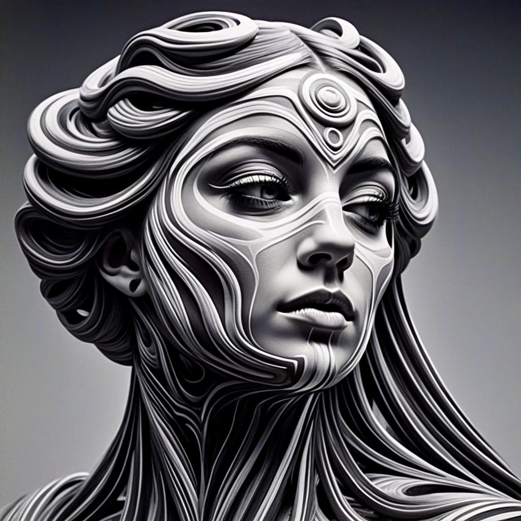 Intricate Monochrome Digital Sculpture of Woman with Flowing Patterns