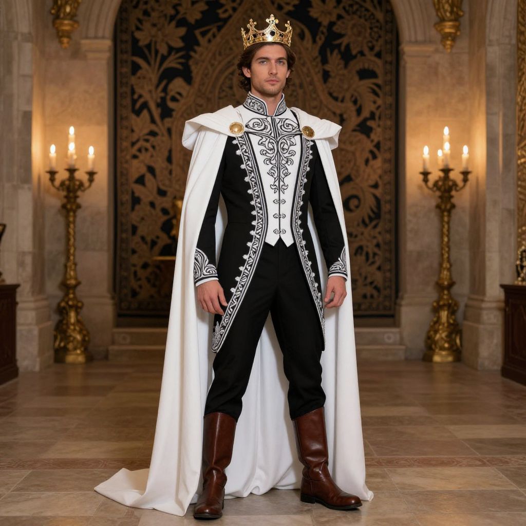 Regal King in Embroidered Black and White Royal Outfit with Crown in Throne Room