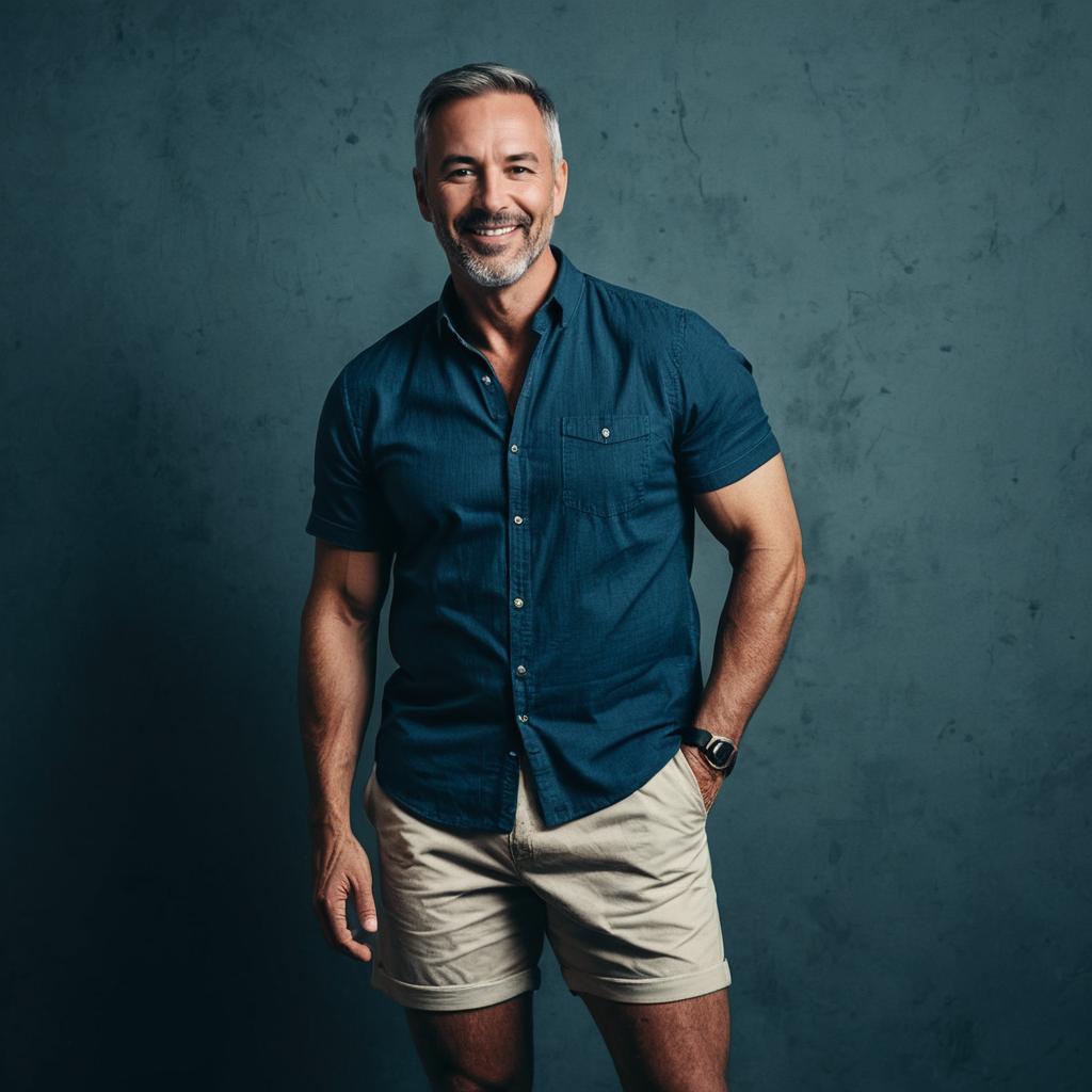 Casual Middle-Aged Man Wearing Navy Shirt and Beige Shorts Smiling