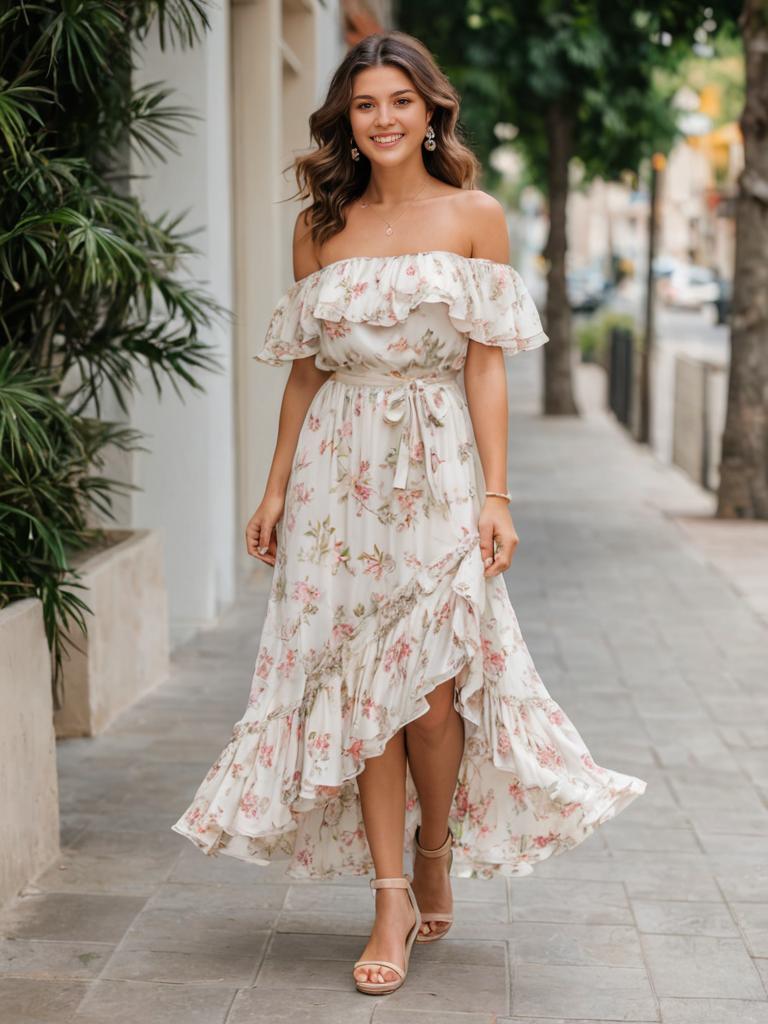 Woman in Floral Dress Walking Confidently