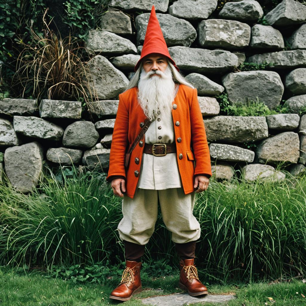Realistic Garden Gnome Man in Red Coat and Hat by Stone Wall