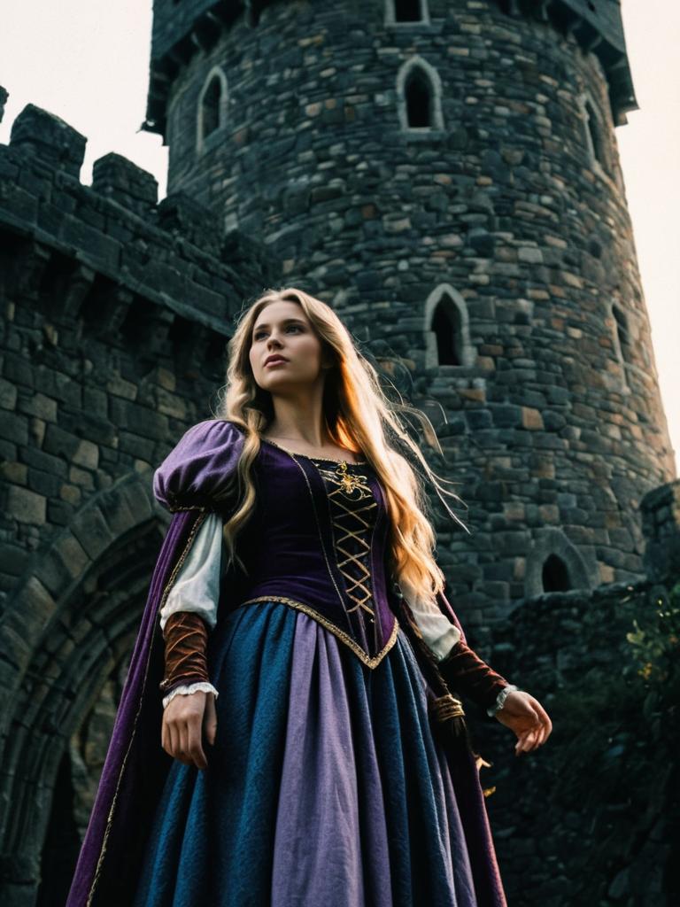 Elegant Medieval Woman by Stone Tower Elegant Medieval Woman by Stone Tower