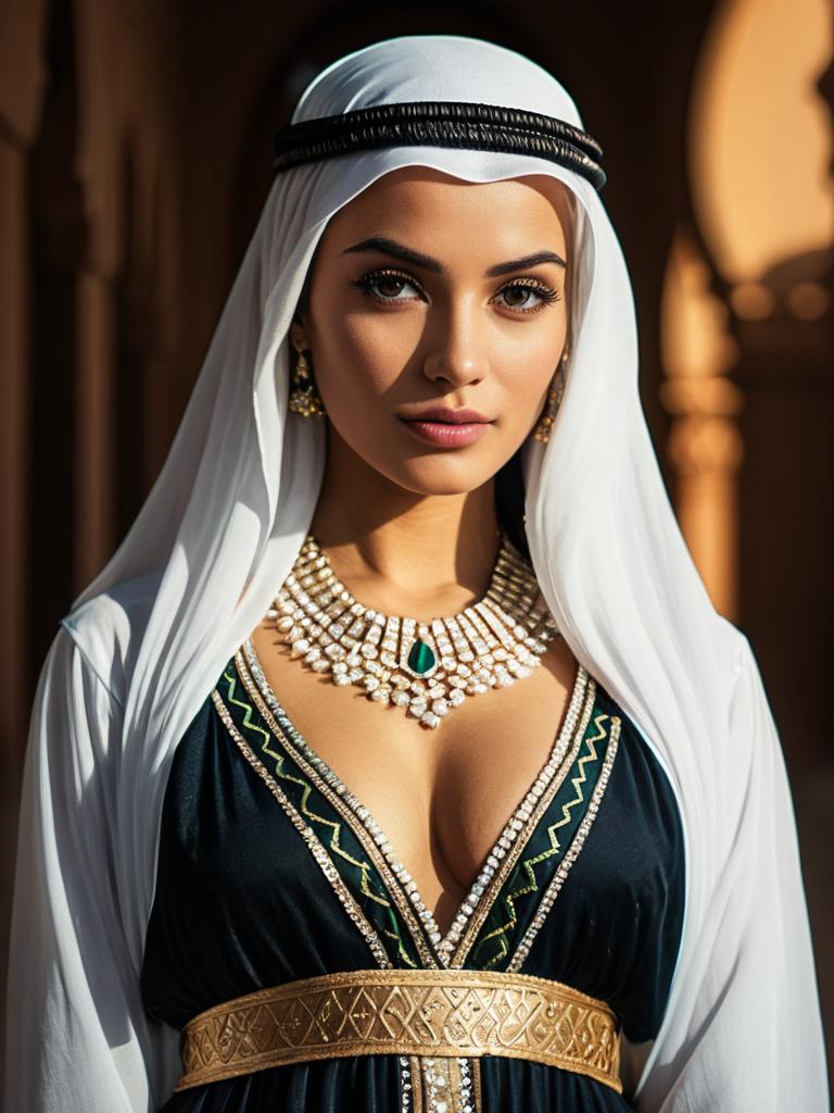 Woman in Arabian Dress Waist Up Editorial Photorealistic Portrait