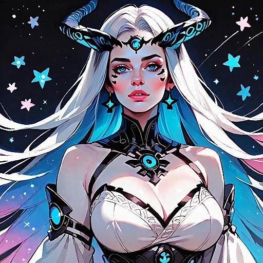 Fantasy Anime Woman with Glowing Horns and Celestial Background Digital Art