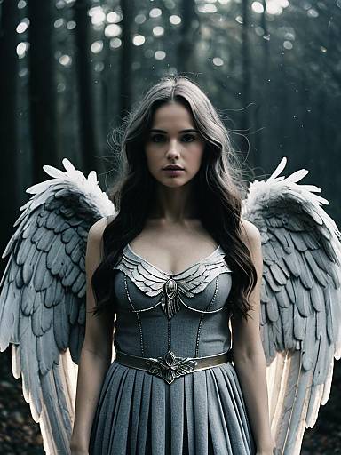 Woman in Grey Angel Wings Costume with Cinematic Realism in Forest