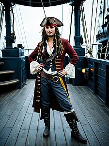 Woman in Jack Sparrow Pirate Costume Full Body Cosplay on Ship Deck