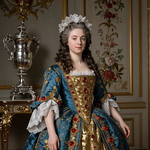 Young Woman in 18th Century Rococo Dress with Red Gemstones