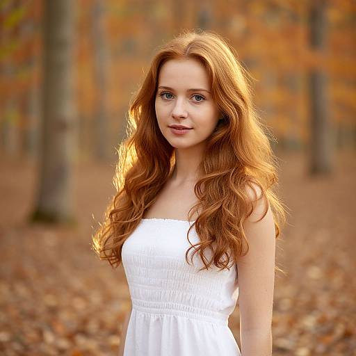 Portrait of Red-Haired Woman in White Dress Outdoors Autumn Forest