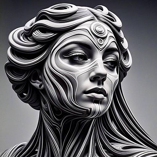 Intricate Monochrome Digital Sculpture of Woman with Flowing Patterns