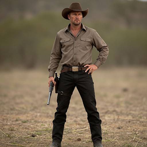Cowboy Man in Western Outfit Holding Revolver in Open Field