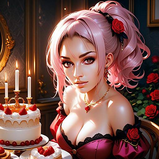 Elegant Pink-Haired Woman with Cake in Dark Illustrious Digital Illustration