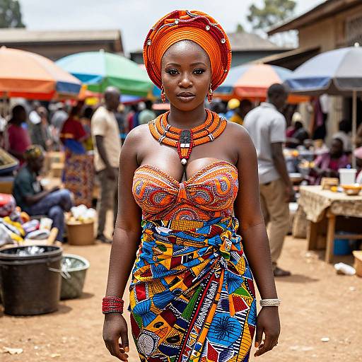 African Woman in Traditional Attire at Outdoor Market