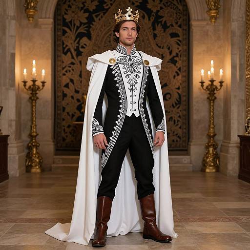 Regal King in Embroidered Black and White Royal Outfit with Crown in Throne Room