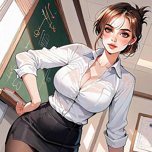 Stylish Anime Woman Teacher in Classroom Illustration