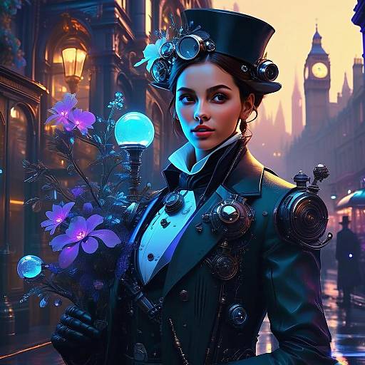 Steampunk Woman in Victorian London with Glowing Flowers