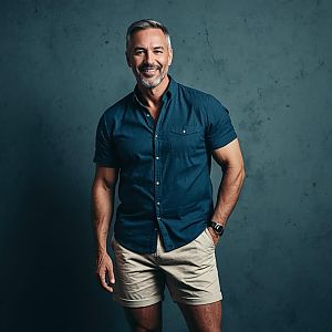 Casual Middle-Aged Man Wearing Navy Shirt and Beige Shorts Smiling