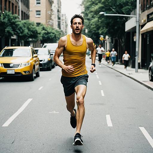 Man Running Down City Street in Gold Tank Top - Urban Running Lifestyle