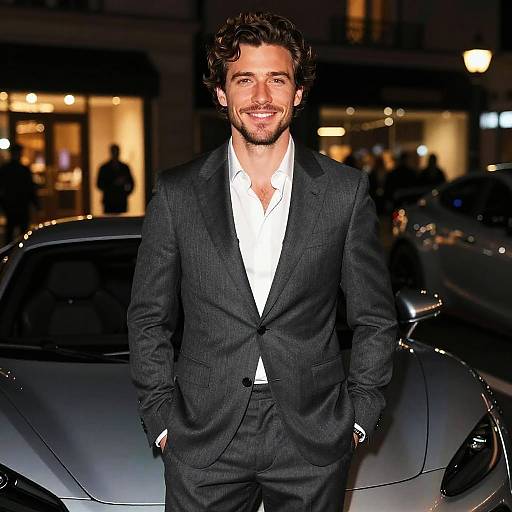Confident Young Man in Grey Suit by Luxury Car Night City