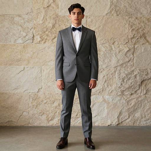Young Man in Modern Grey Suit with Bow Tie Against Stone Wall