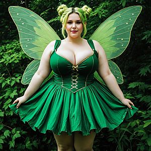 Plus-Size Woman in Green Fairy Costume with Wings