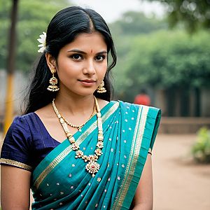 Young Woman in Traditional Pattu Saree with Gold Jewelry