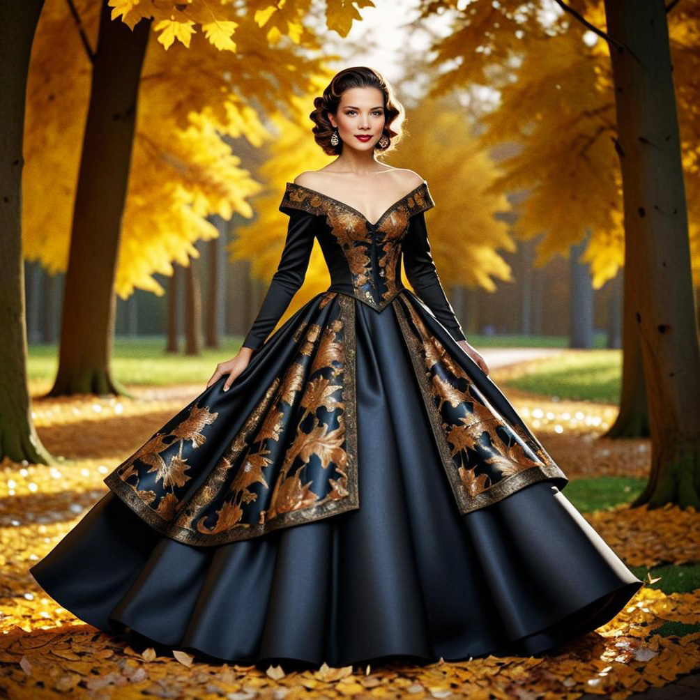 Woman in Elegant Black and Gold Gown Amidst Autumn Foliage