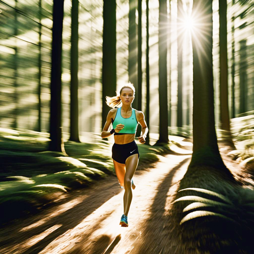 Woman Running in Sunlit Forest