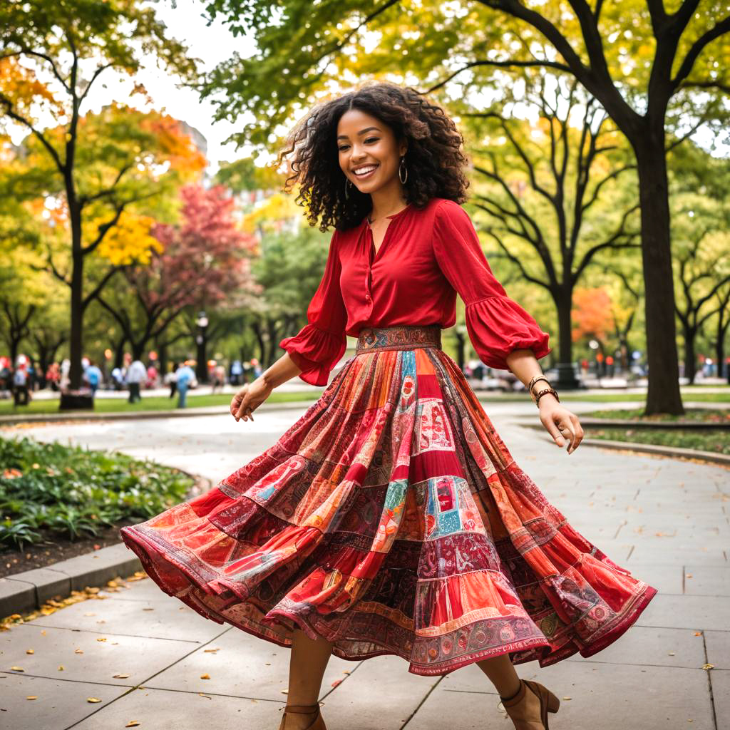 Joyful Woman in Red Dress Twirling in Autumn