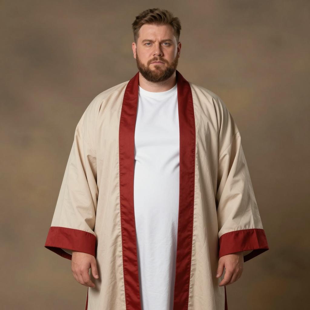 Serious Bearded Man in Beige and Red Satin Robe Portrait