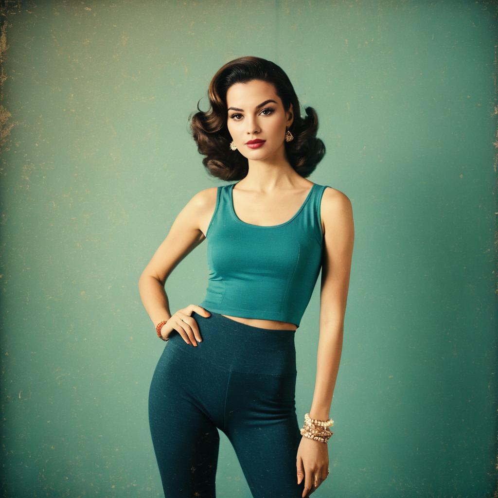 Vintage Style Woman in Teal Crop Top and High-Waisted Leggings