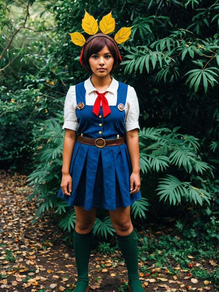 Woman in Blue Pinafore Dress with Yellow Leaf Headband in Forest