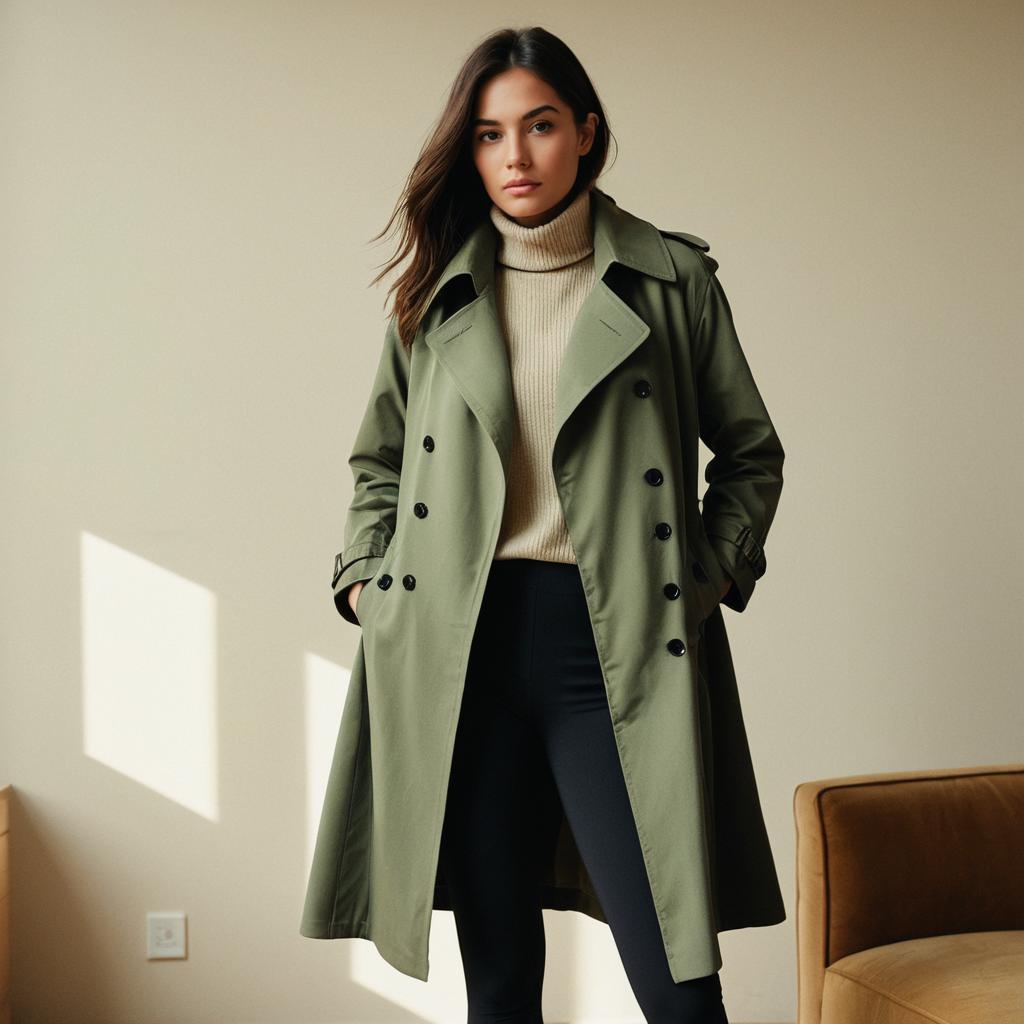 Woman Wearing Olive Green Trench Coat and Turtleneck Sweater Indoors