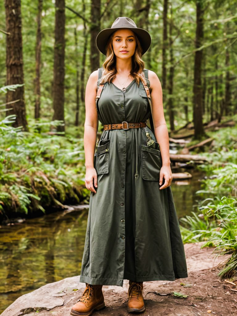 Woman in Olive Green Maxi Dress in Forest