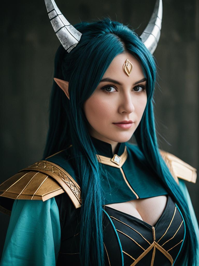 Professional Mina Cosplay Editorial Headshot with Fantasy Armor and Teal Hair