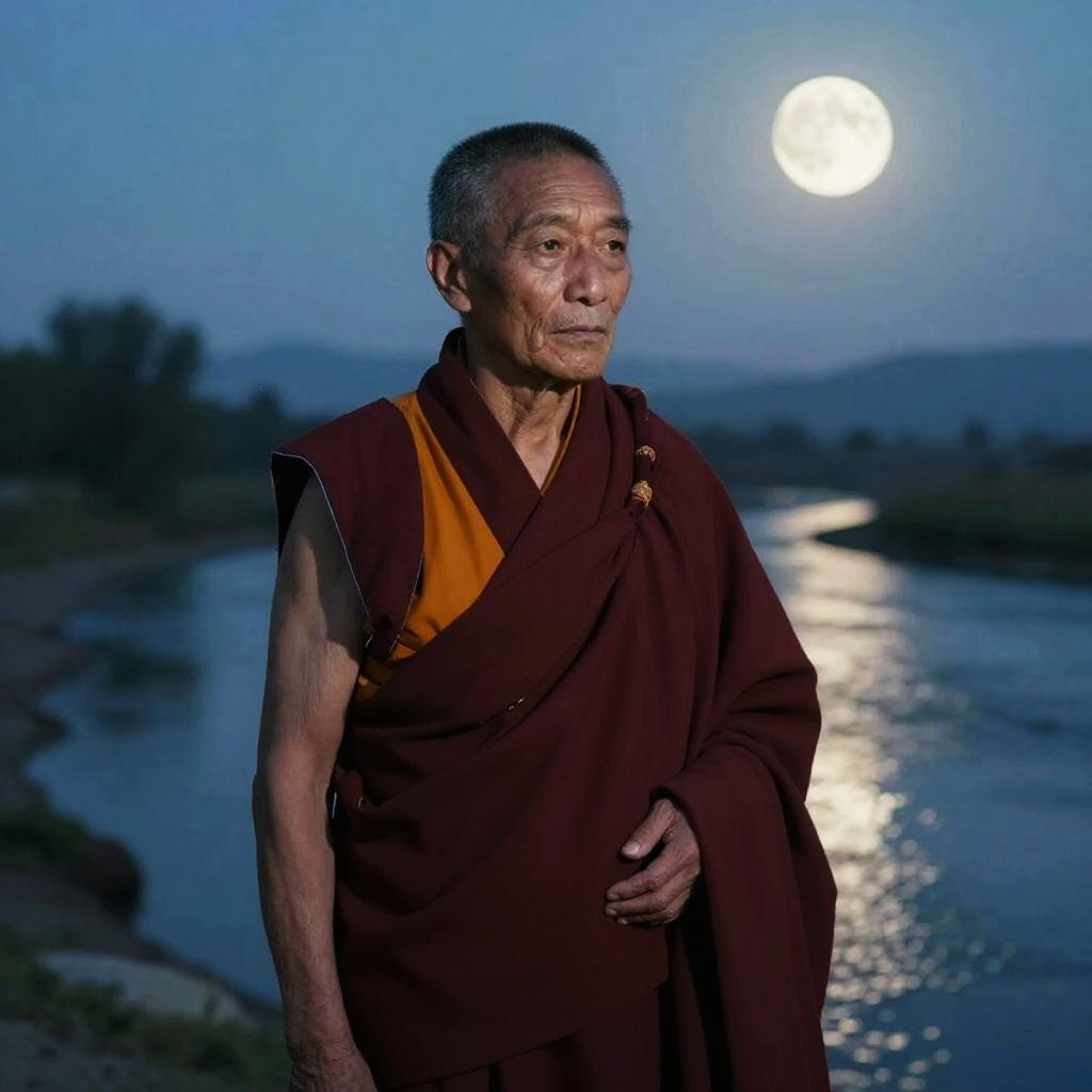 Buddhist Monk by River Under Full Moon at Dusk